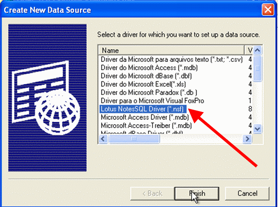 ... up a data source select lotus notessql driver click on finish figure 5