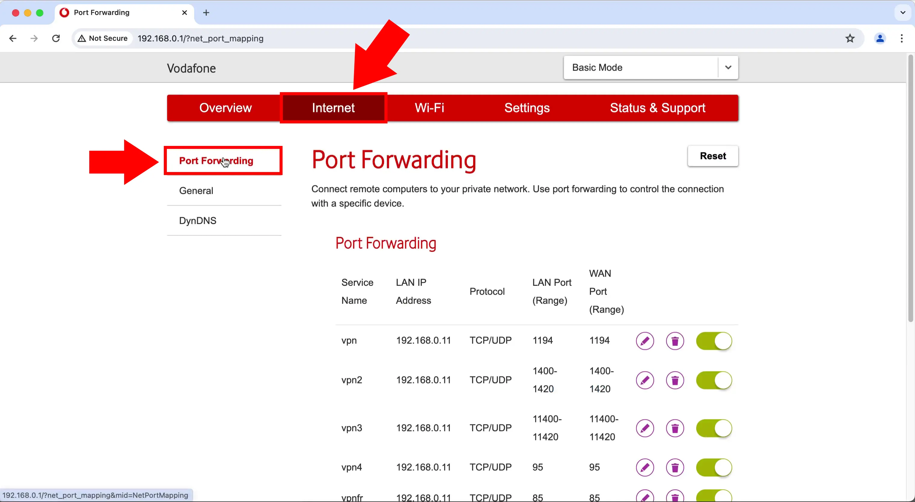 Open port forwarding menu