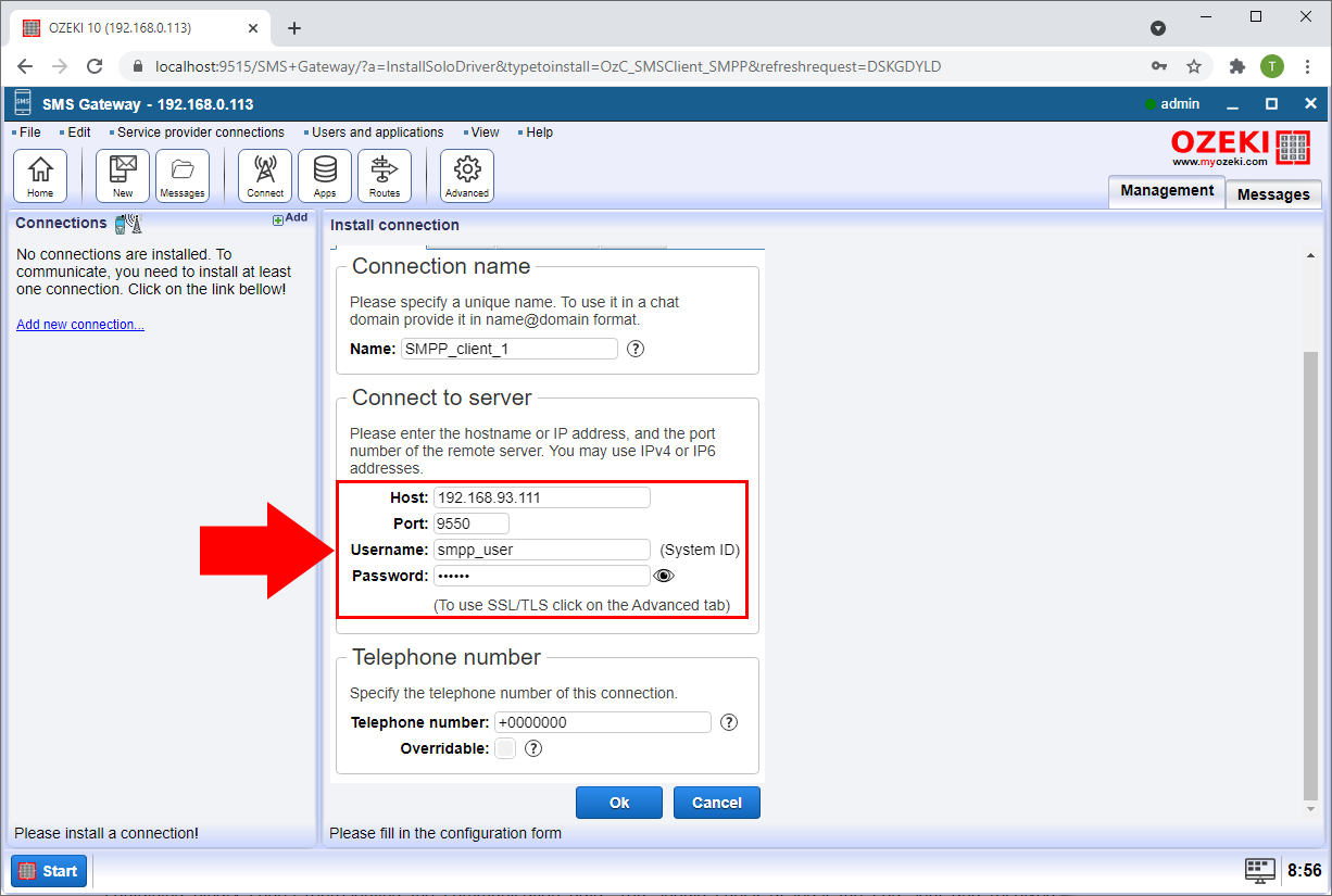 specify smpp server settings