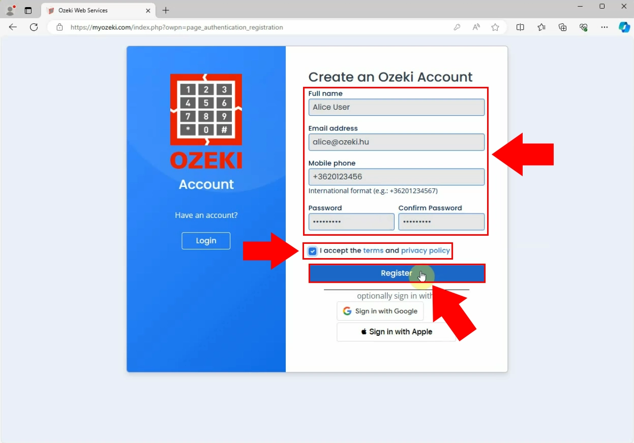 Provide account details and click Register
